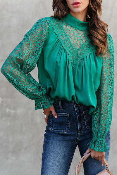 Lace Detail Mock Neck Flounce Sleeve Blouse - Teal / S - Women’s Clothing & Accessories - Shirts & Tops - 14 - 2024