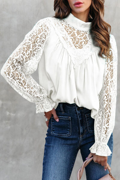 Lace Detail Mock Neck Flounce Sleeve Blouse - White / S - Women’s Clothing & Accessories - Shirts & Tops - 8 - 2024