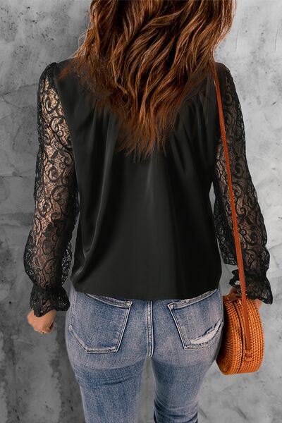 Lace Detail Mock Neck Flounce Sleeve Blouse - Women’s Clothing & Accessories - Shirts & Tops - 6 - 2024
