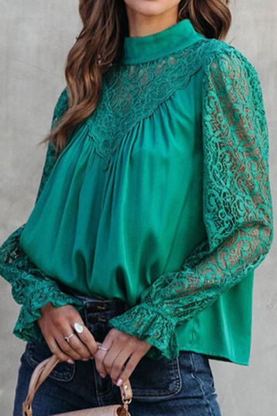 Lace Detail Mock Neck Flounce Sleeve Blouse - Women’s Clothing & Accessories - Shirts & Tops - 15 - 2024