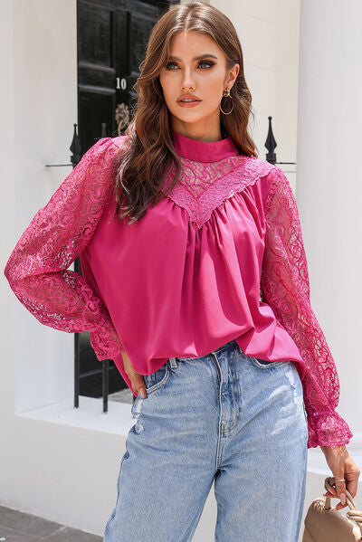 Lace Detail Mock Neck Flounce Sleeve Blouse - Women’s Clothing & Accessories - Shirts & Tops - 2 - 2024