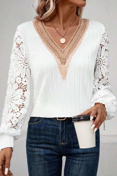 Lace Detail V-Neck Long Sleeve Blouse - Women’s Clothing & Accessories - Shirts & Tops - 4 - 2024