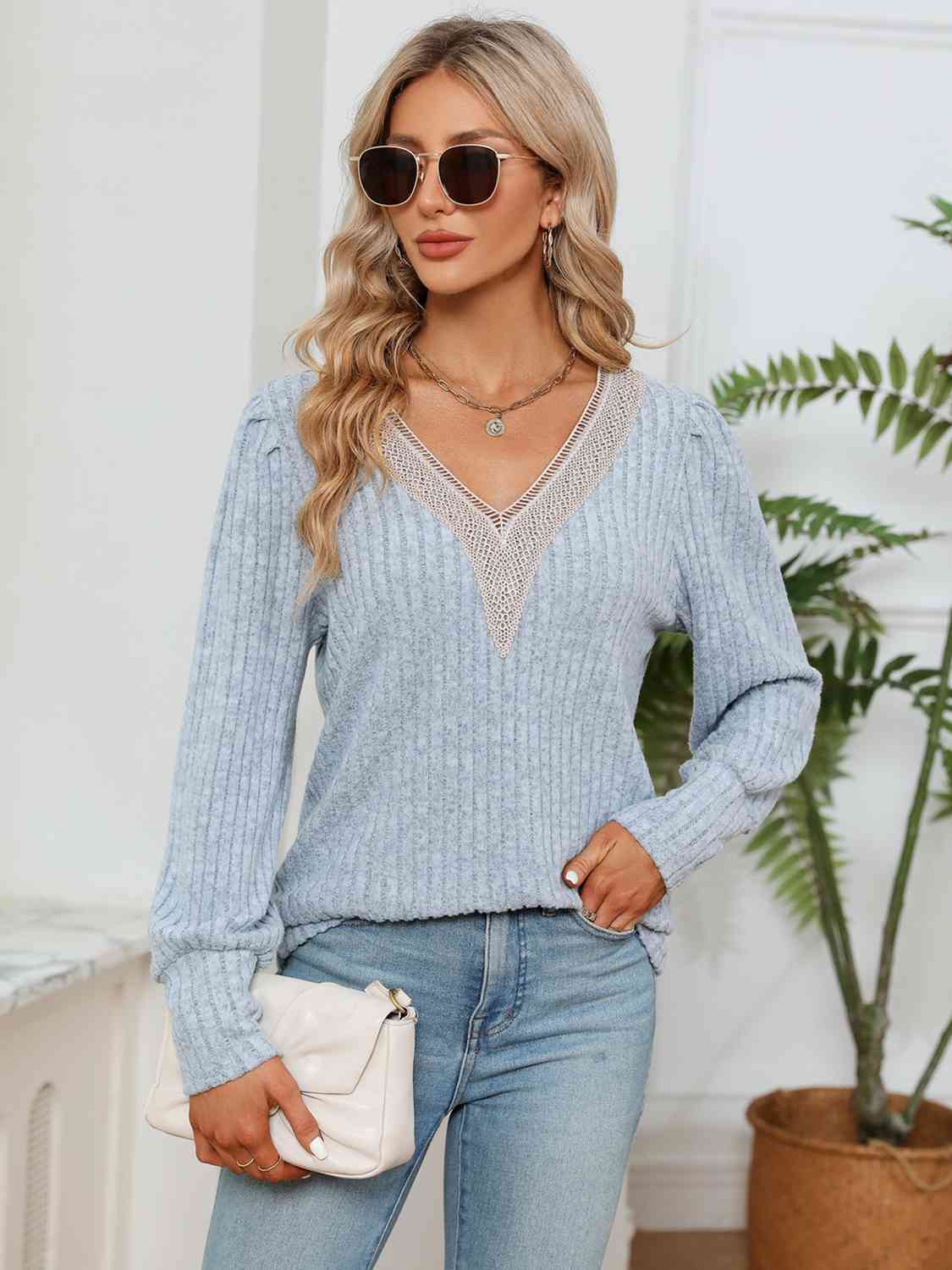 Lace Detail V-Neck Ribbed Blouse - Misty Blue / S - Women’s Clothing & Accessories - Shirts & Tops - 1 - 2024