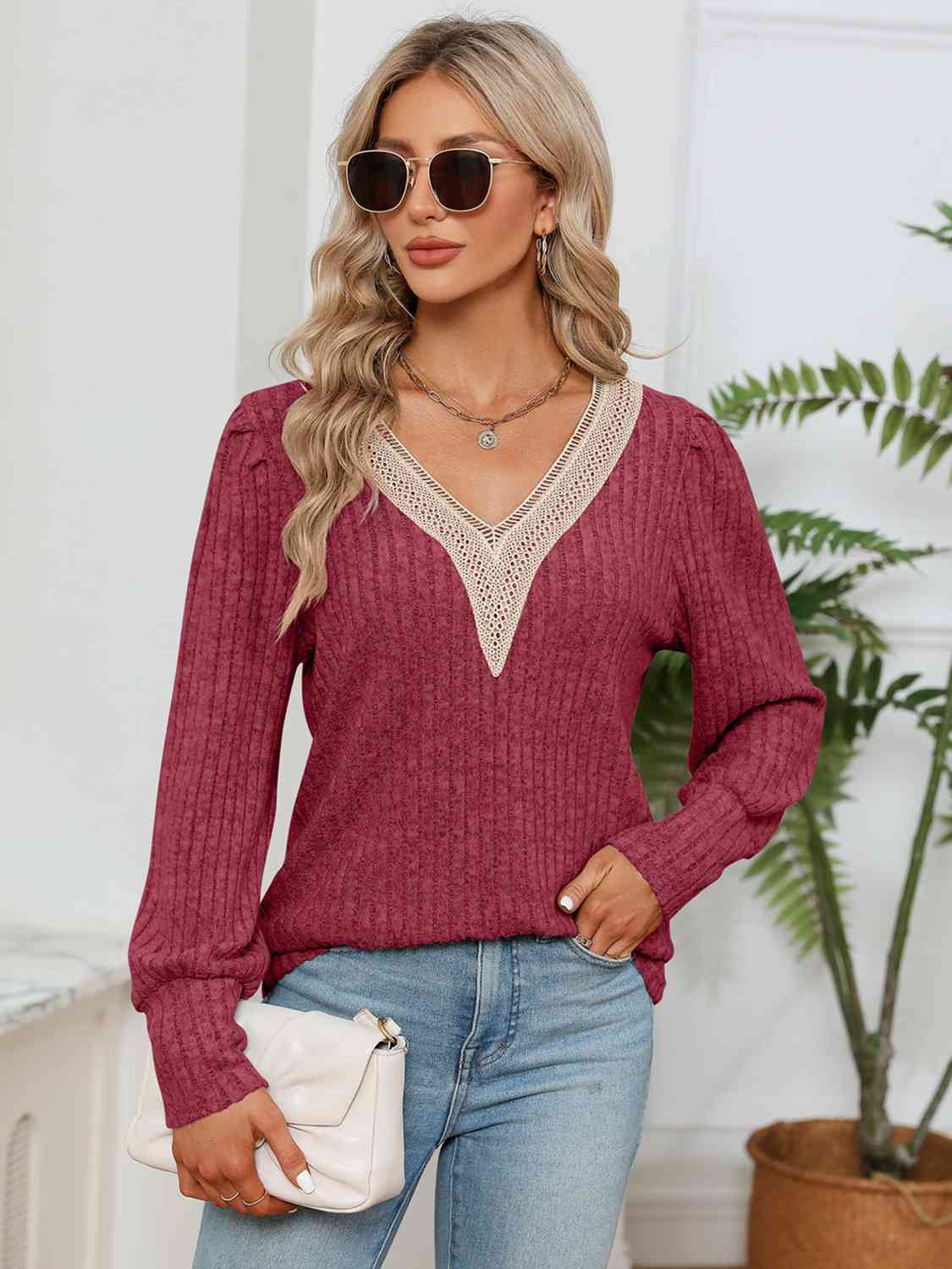 Lace Detail V-Neck Ribbed Blouse - Brick Red / S - Women’s Clothing & Accessories - Shirts & Tops - 7 - 2024