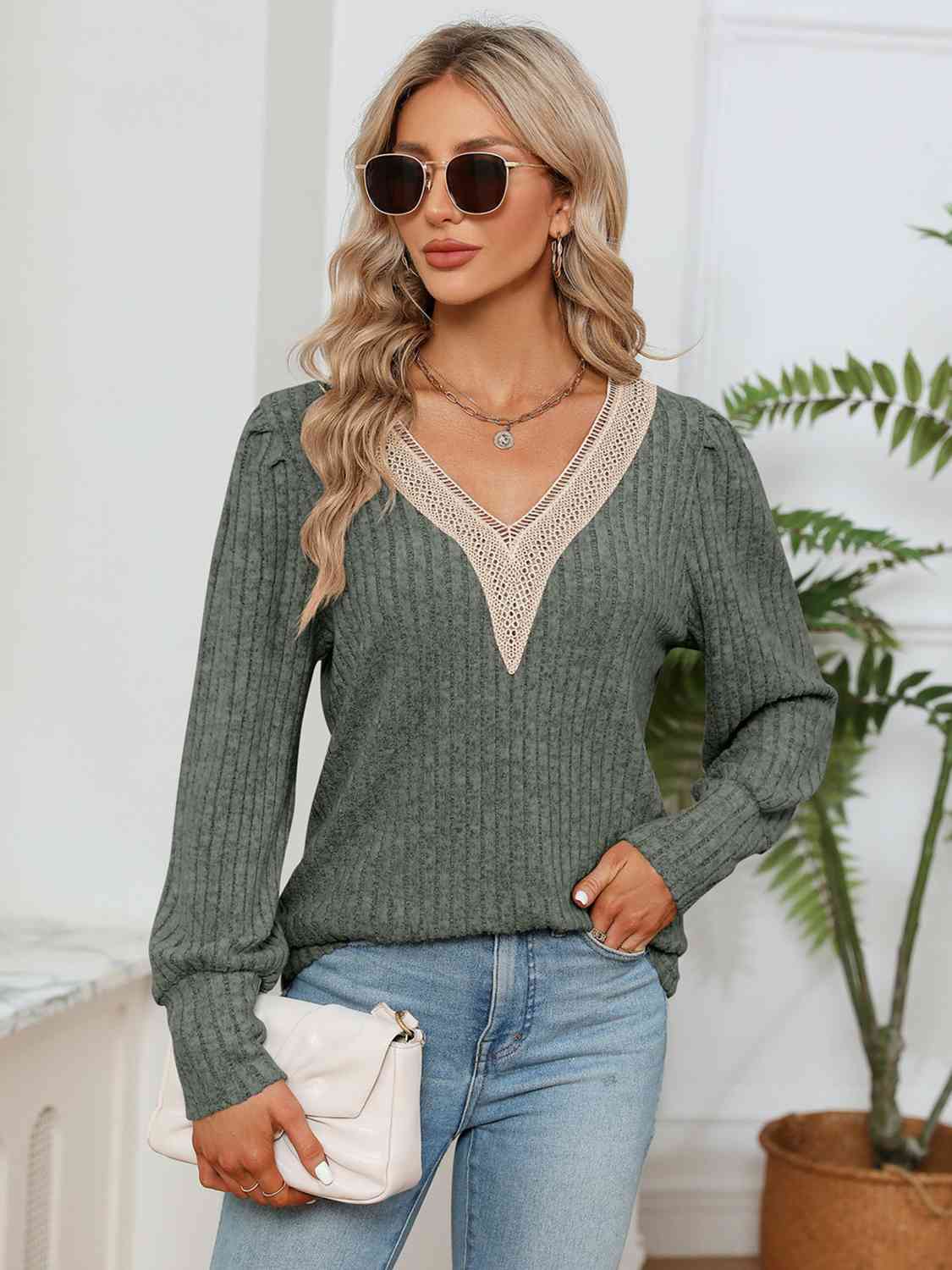 Lace Detail V-Neck Ribbed Blouse - Moss / S - Women’s Clothing & Accessories - Shirts & Tops - 16 - 2024