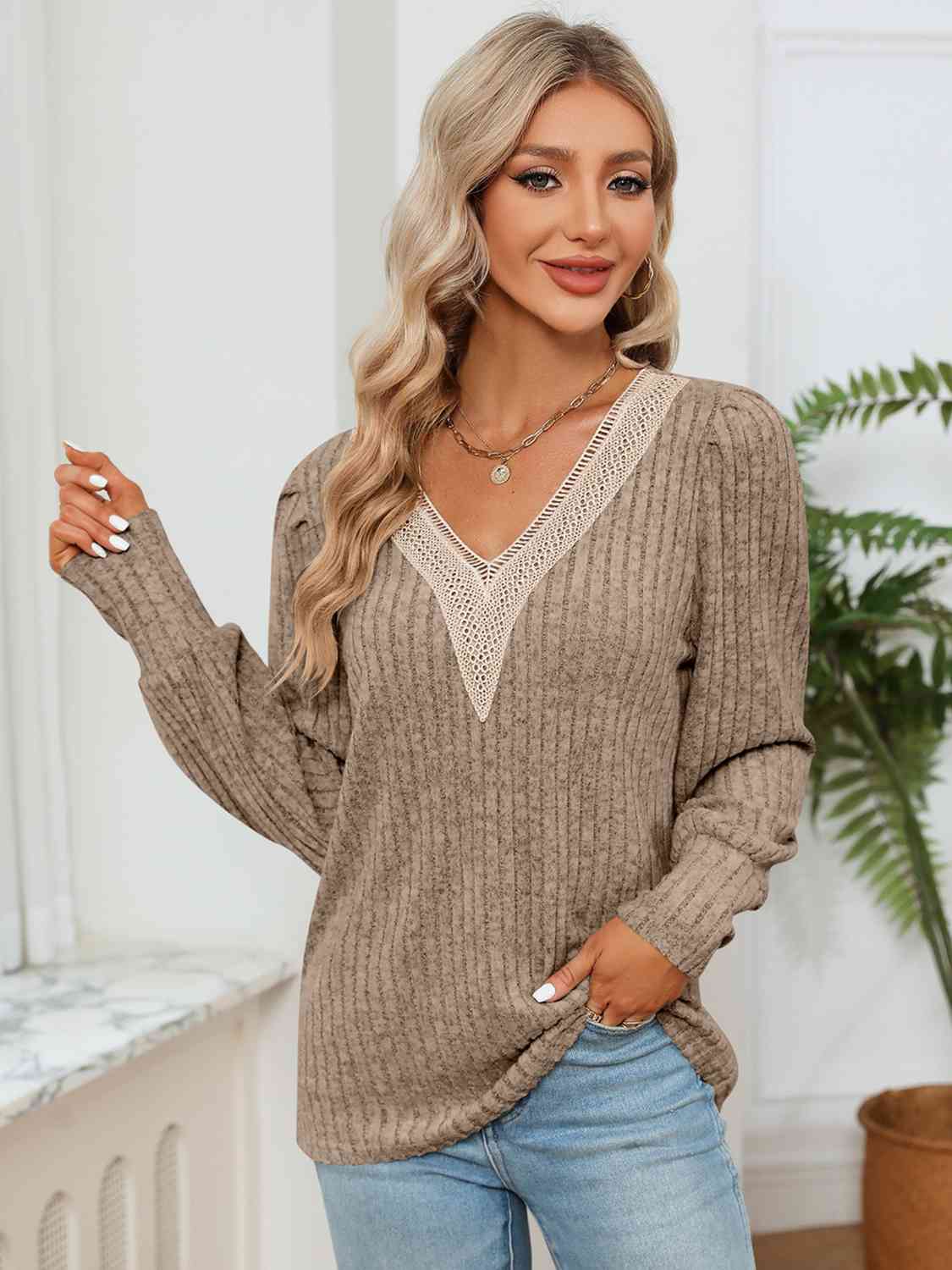Lace Detail V-Neck Ribbed Blouse - Khaki / S - Women’s Clothing & Accessories - Shirts & Tops - 10 - 2024