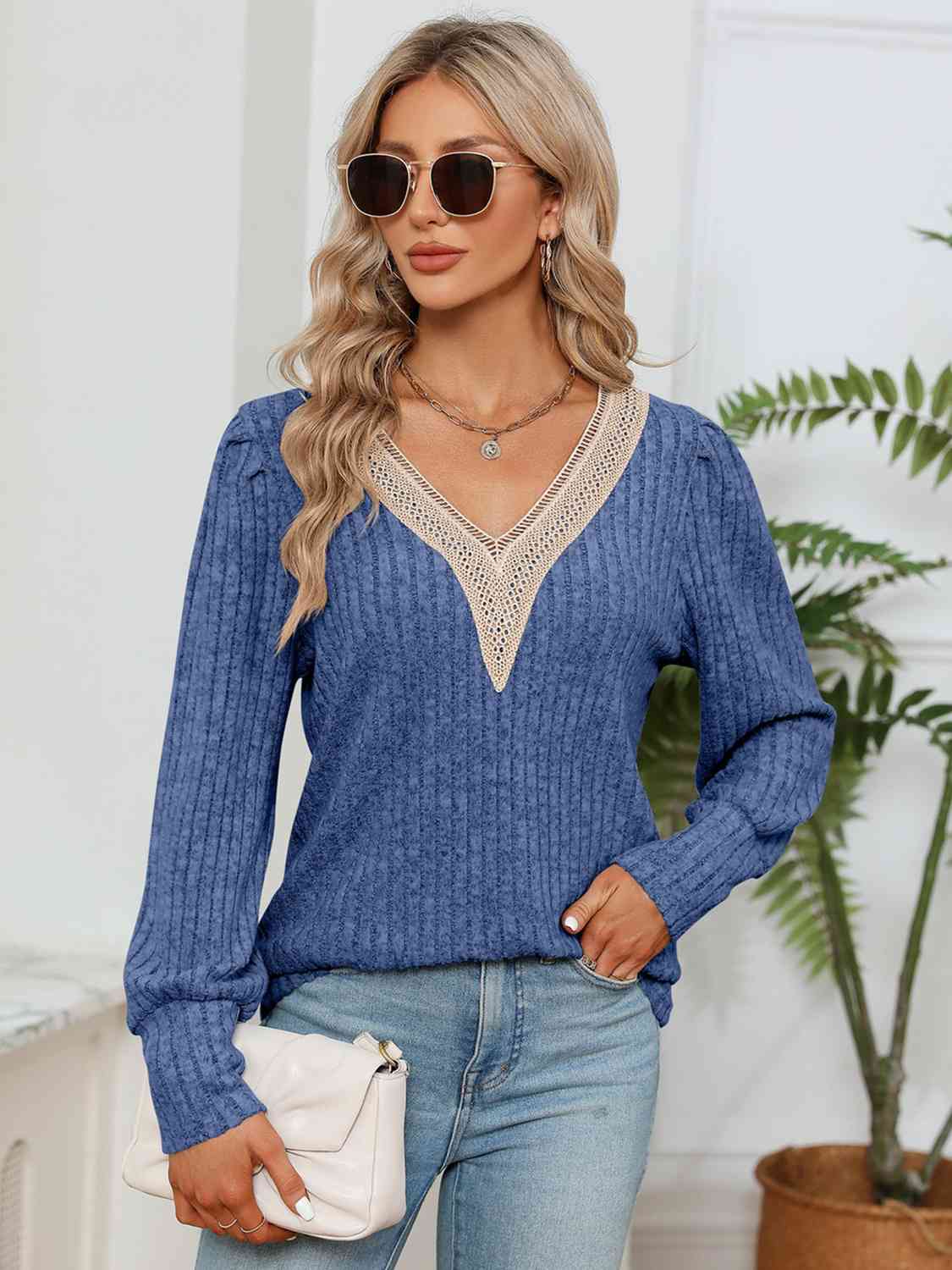 Lace Detail V-Neck Ribbed Blouse - Cobalt Blue / S - Women’s Clothing & Accessories - Shirts & Tops - 13 - 2024