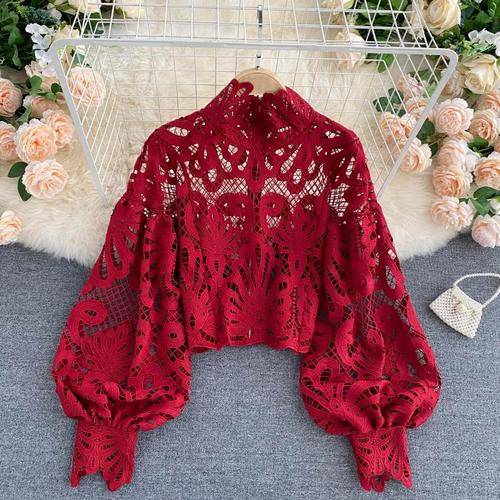 Lace Hollowed Out Blouses - Red / One Size - Women’s Clothing & Accessories - Shirts & Tops - 31 - 2024