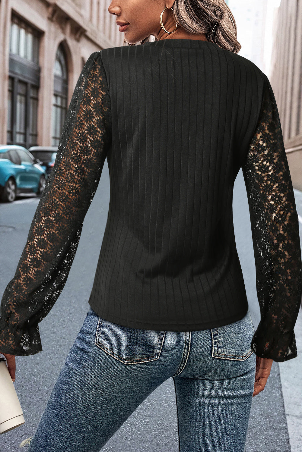 Lace Mesh Flounce Sleeve Ribbed Blouse - Women’s Clothing & Accessories - Shirts & Tops - 2 - 2024