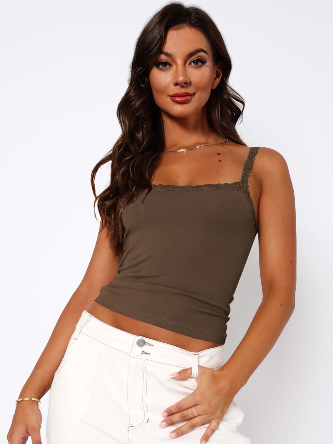 Lace Trim Straight Neck Cami - Brown / S - Women’s Clothing & Accessories - Shirts & Tops - 1 - 2024