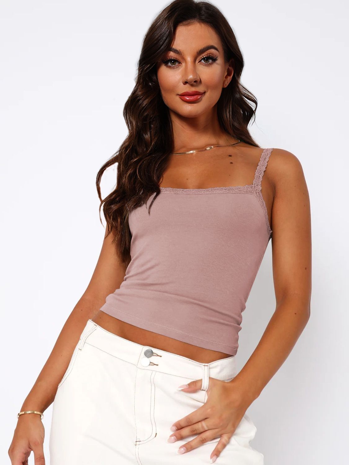 Lace Trim Straight Neck Cami - Pink / S - Women’s Clothing & Accessories - Shirts & Tops - 10 - 2024