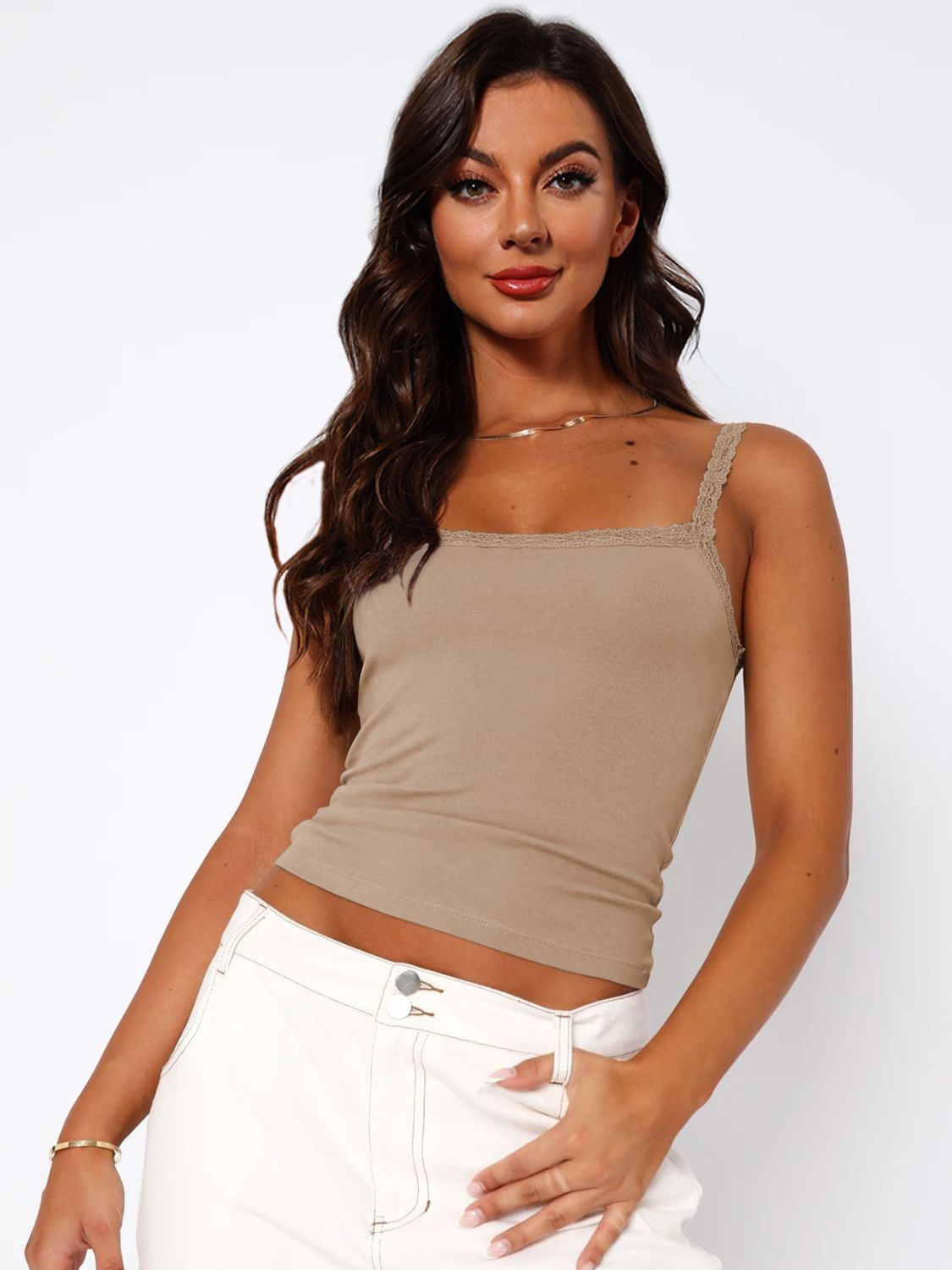 Lace Trim Straight Neck Cami - Light Brown / S - Women’s Clothing & Accessories - Shirts & Tops - 13 - 2024