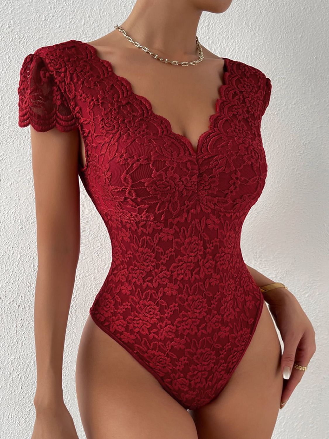 Lace Trim V-Neck Bodysuit - Red / XS - Women’s Clothing & Accessories - Shirts & Tops - 8 - 2024