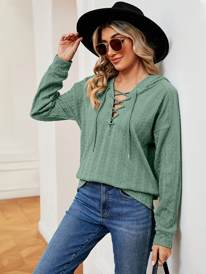 Lace-Up Long Sleeve Hoodie - Light Green / S - Women’s Clothing & Accessories - Shirts & Tops - 17 - 2024
