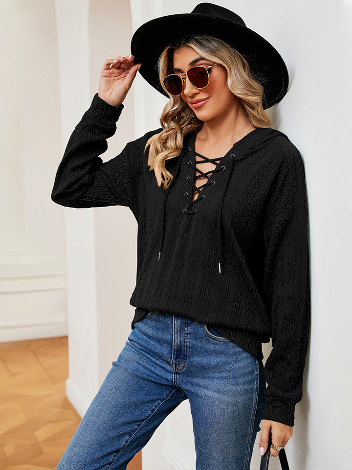 Lace-Up Long Sleeve Hoodie - Black / S - Women’s Clothing & Accessories - Shirts & Tops - 9 - 2024