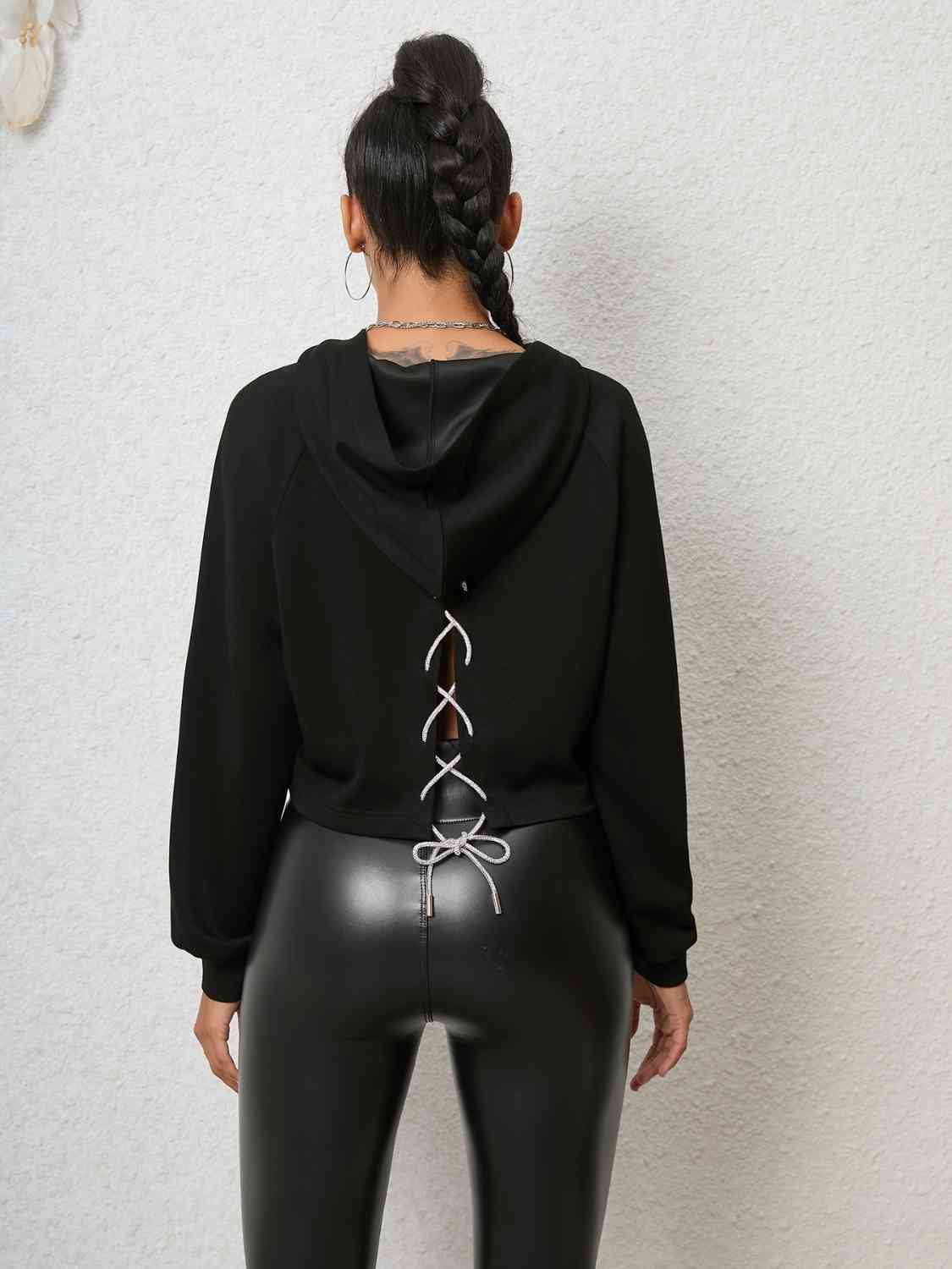 Lace-Up Long Sleeve Hoodie - Women’s Clothing & Accessories - Shirts & Tops - 2 - 2024