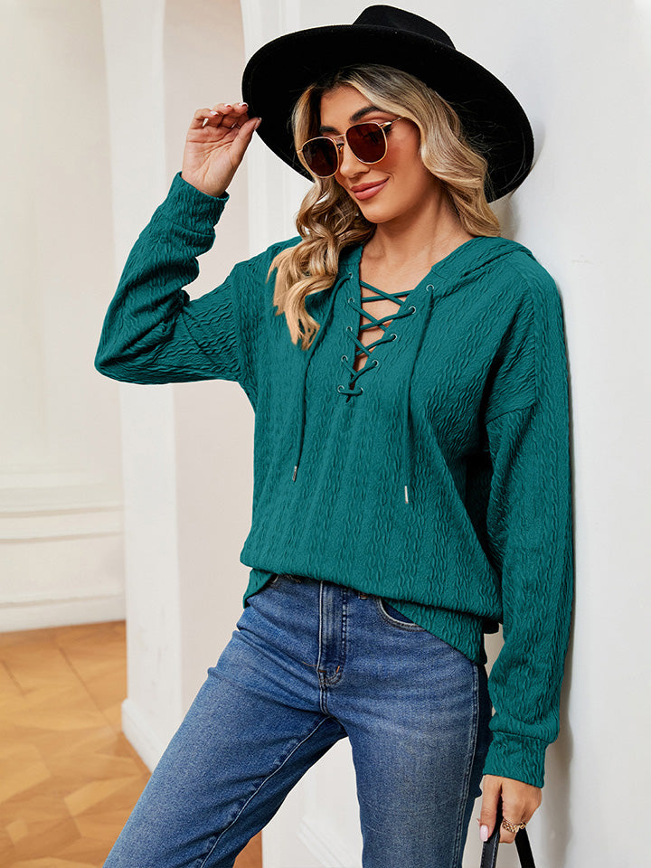 Lace-Up Long Sleeve Hoodie - Green / S - Women’s Clothing & Accessories - Shirts & Tops - 1 - 2024