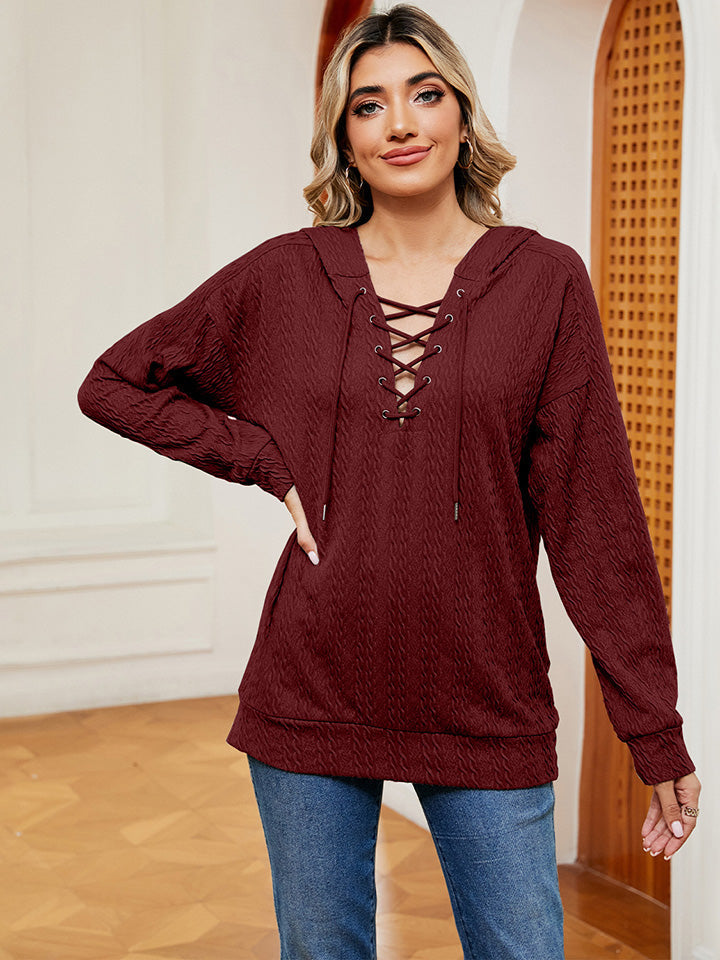 Lace-Up Long Sleeve Hoodie - Women’s Clothing & Accessories - Shirts & Tops - 22 - 2024