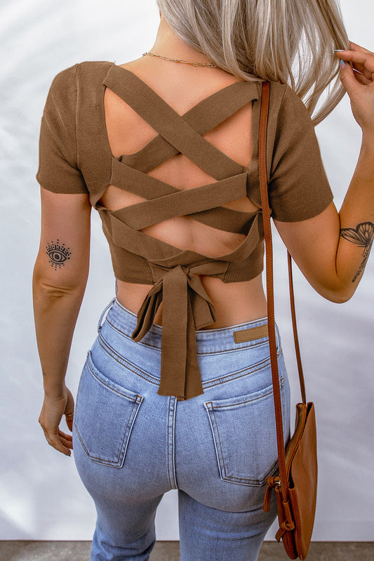 Lace-Up Square Neck Crop Top - Women’s Clothing & Accessories - Shirts & Tops - 2 - 2024