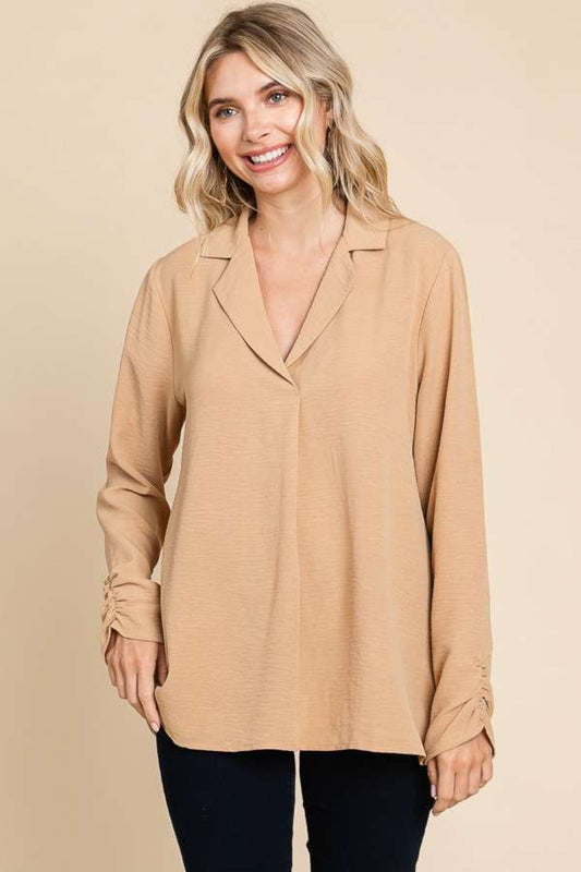Lapel Collar Ruched Long Sleeve Blouse - ICED / S - Women’s Clothing & Accessories - Shirts & Tops - 1 - 2024