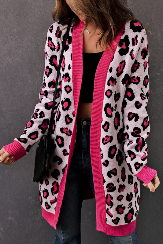 Leopard Contrast Trim Open Front Longline Cardigan - Pink / S - Women’s Clothing & Accessories - Shirts & Tops - 1