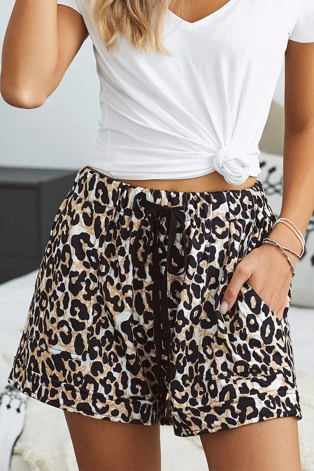 Leopard Drawstring Waist Shorts with Side Pockets - Leopard / S - Women’s Clothing & Accessories - Shorts - 1 - 2024