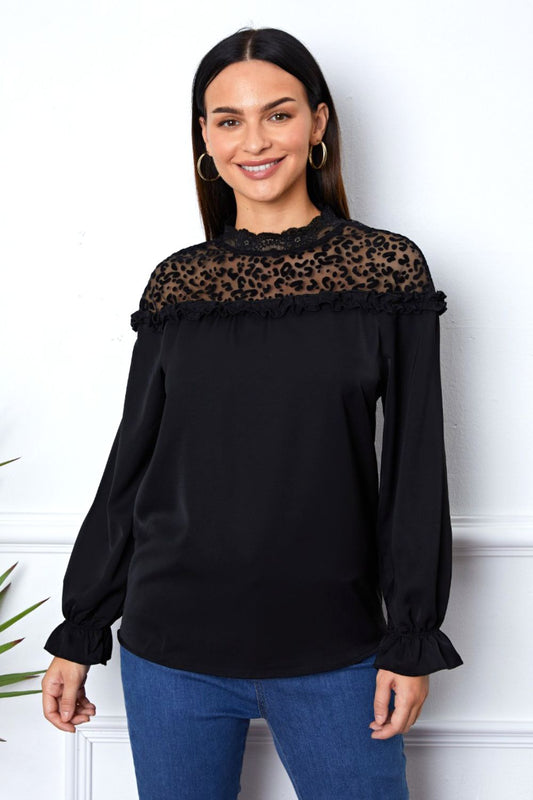 Leopard Frill Flounce Sleeve Blouse - Black / S - Women’s Clothing & Accessories - Shirts & Tops - 1 - 2024