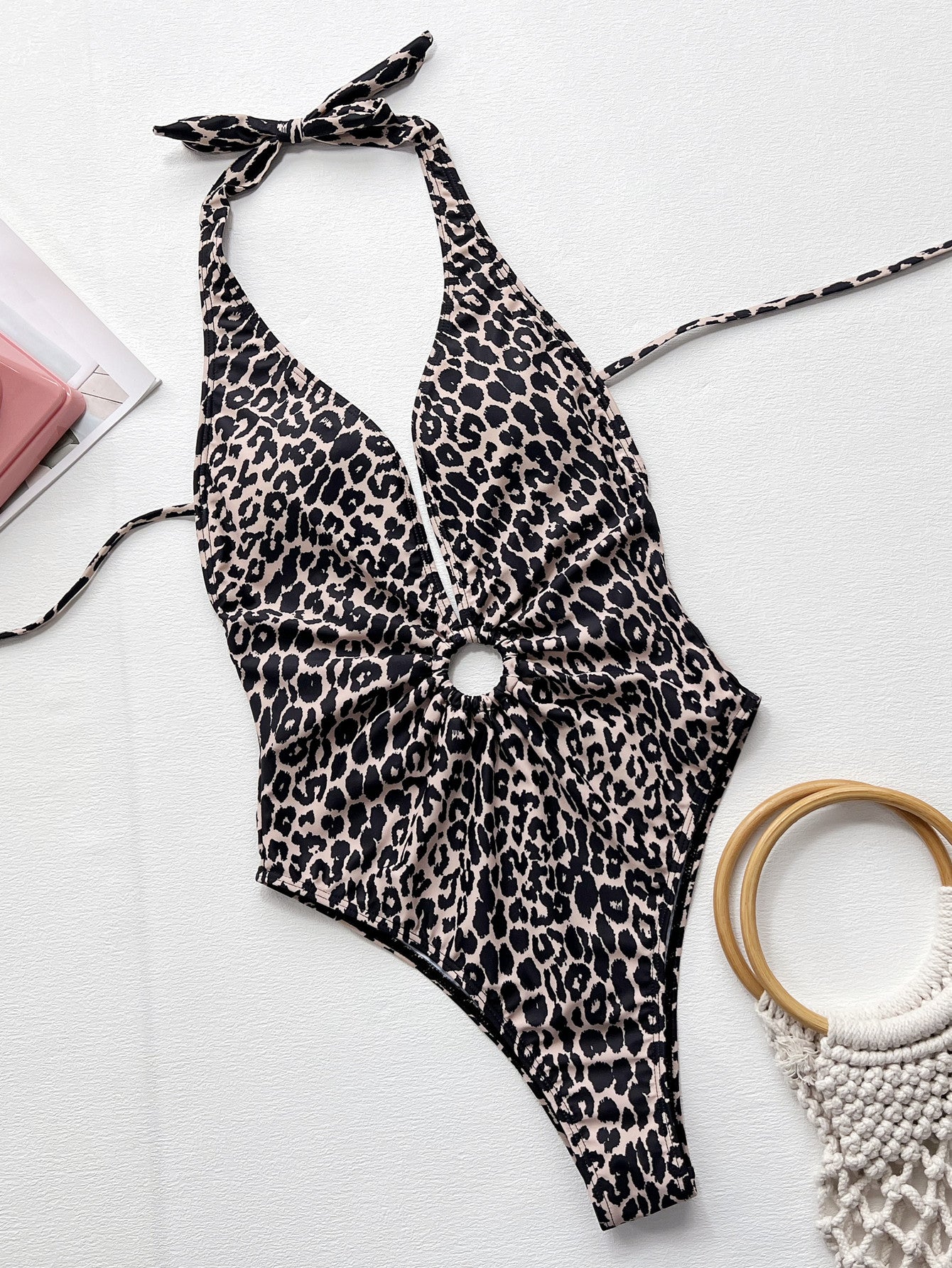 Leopard Halter Neck Ring Detail One-Piece Swimsuit - Women’s Clothing & Accessories - Swimwear - 3 - 2024