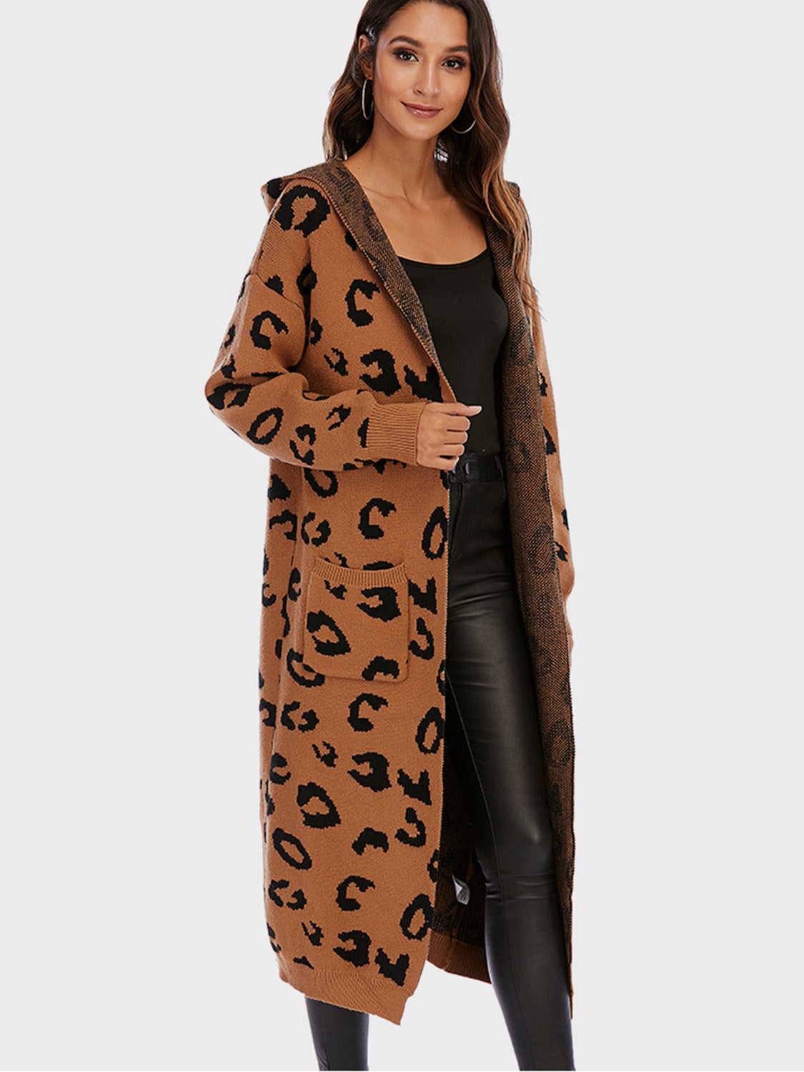Leopard Hooded Cardigan with Pockets - Women’s Clothing & Accessories - Shirts & Tops - 8 - 2024