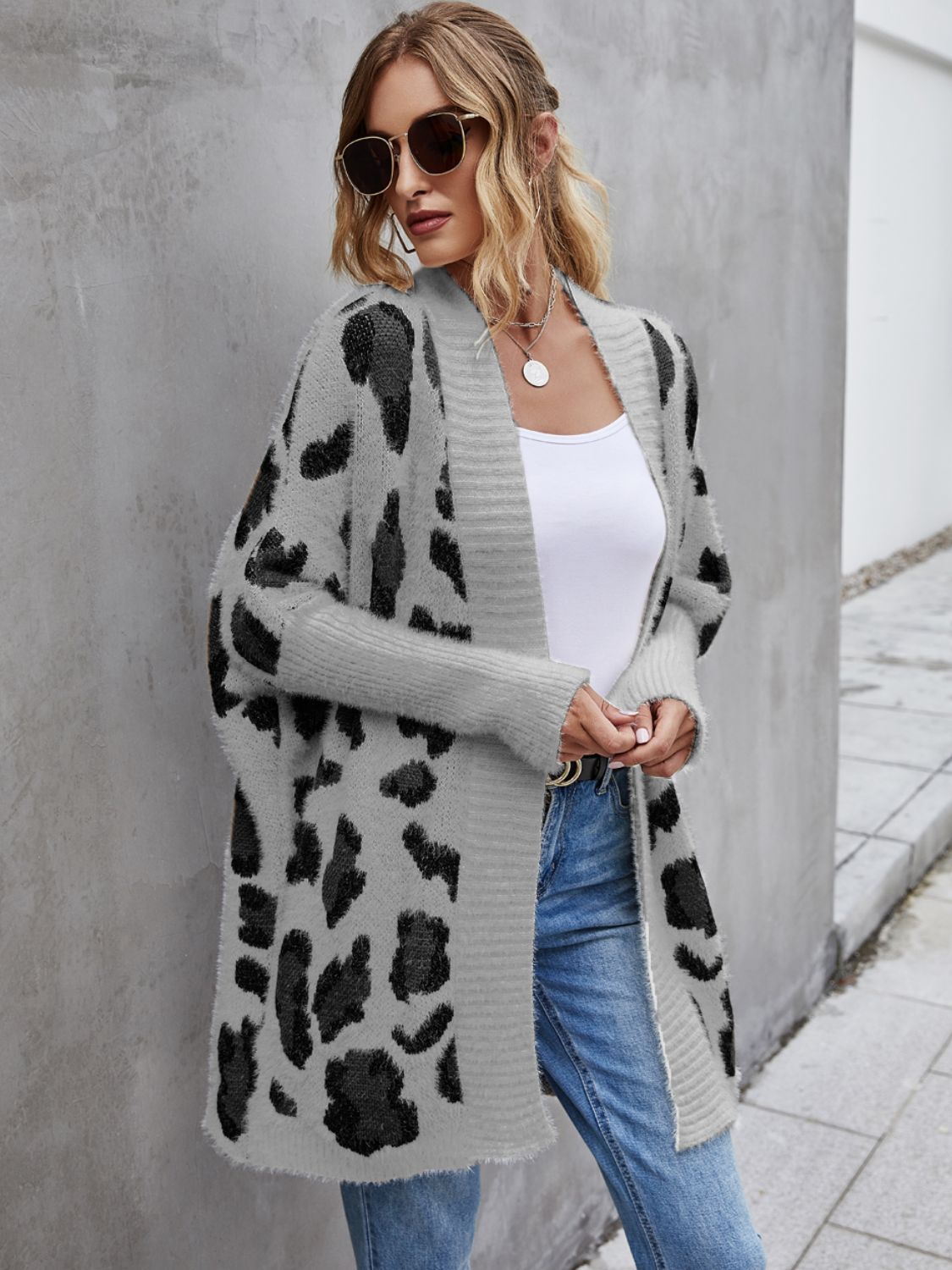 Leopard Pattern Fuzzy Cardigan - Gray / S - Women’s Clothing & Accessories - Shirts & Tops - 5 - 2024