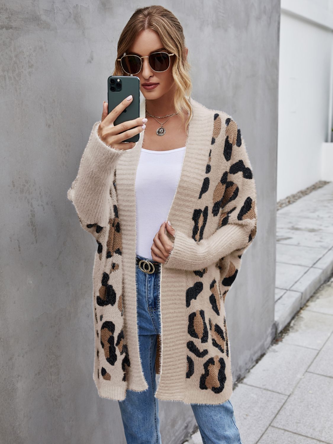 Leopard Pattern Fuzzy Cardigan - Khaki / S - Women’s Clothing & Accessories - Shirts & Tops - 7 - 2024