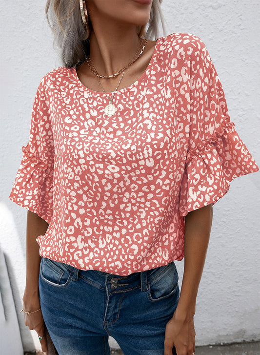 Leopard Round Neck Frill Trim Blouse - Watermelon pink / S - Women’s Clothing & Accessories - Shirts & Tops - 1 - 2024