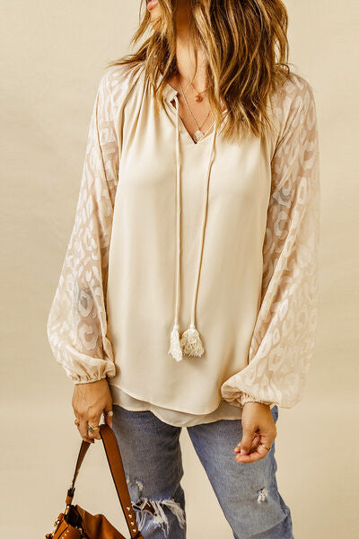 Leopard Tie Neck Balloon Sleeve Blouse - Ivory / S - Women’s Clothing & Accessories - Shirts & Tops - 1 - 2024