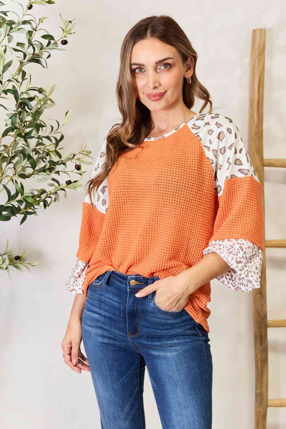 Leopard Waffle-Knit Long Sleeve Blouse - Women’s Clothing & Accessories - Shirts & Tops - 5 - 2024