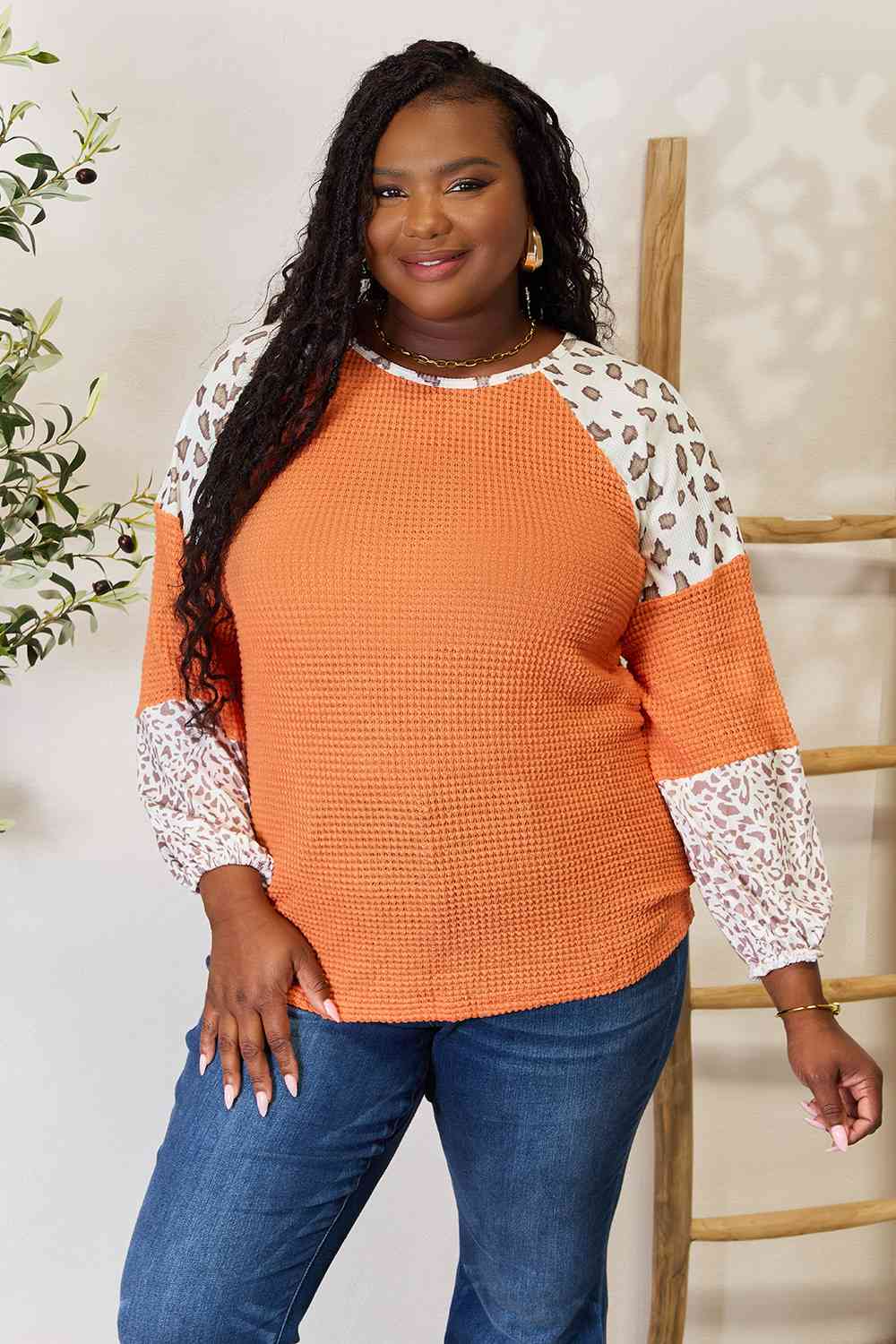 Leopard Waffle-Knit Long Sleeve Blouse - Pumpkin / S - Women’s Clothing & Accessories - Shirts & Tops - 1 - 2024