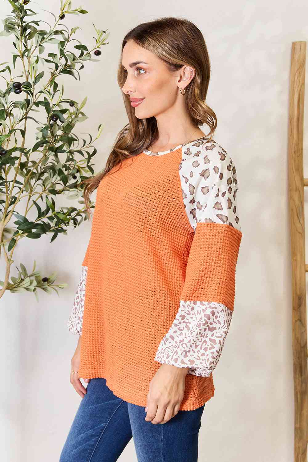 Leopard Waffle-Knit Long Sleeve Blouse - Women’s Clothing & Accessories - Shirts & Tops - 6 - 2024