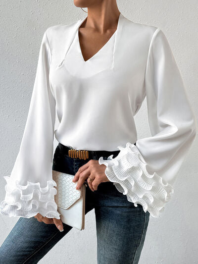 Lettuce Hem V-Neck Long Sleeve Blouse - Women’s Clothing & Accessories - Shirts & Tops - 6 - 2024