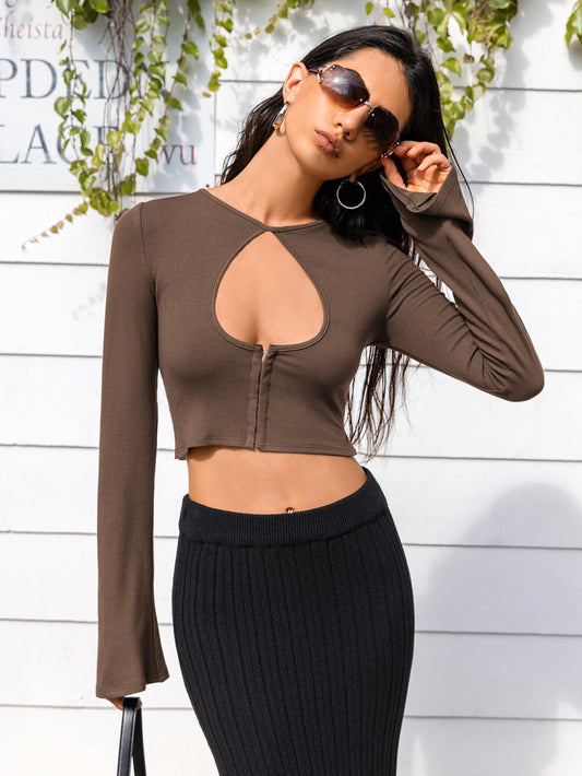 Lone Sleeve Cutout Zip Up Crop Top - Coffee Brown / S - Women’s Clothing & Accessories - Shirts & Tops - 1 - 2024