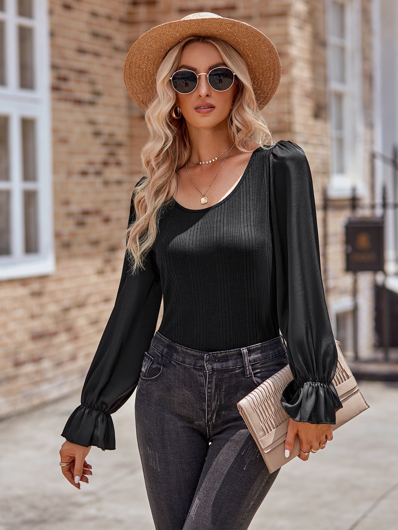 Long Flounce Sleeve Round Neck Blouse - Women’s Clothing & Accessories - Shirts & Tops - 11 - 2024