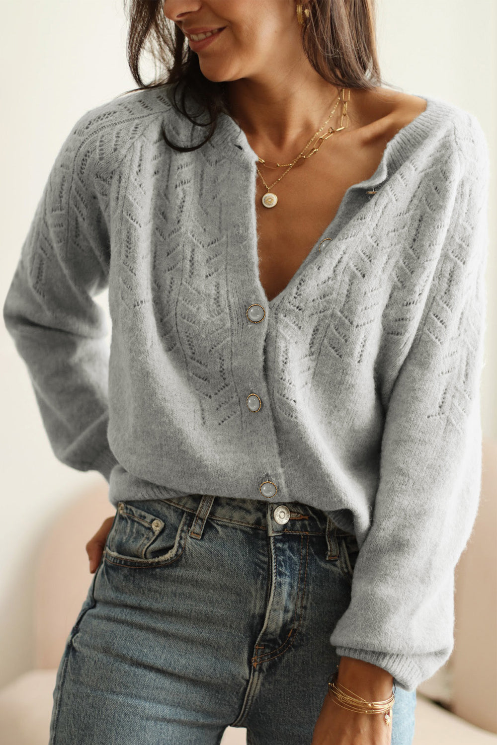 Long Sleeve Button Down Cardigan - Gray / S - Women’s Clothing & Accessories - Shirts & Tops - 1 - 2024