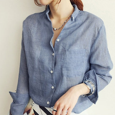 Long Sleeve Linen Blouse - Blue / M - Women’s Clothing & Accessories - Shirts & Tops - 11 - 2024