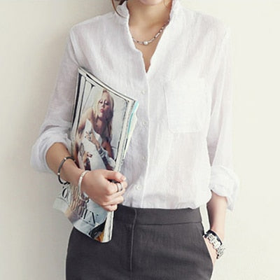 Long Sleeve Linen Blouse - White / M - Women’s Clothing & Accessories - Shirts & Tops - 12 - 2024