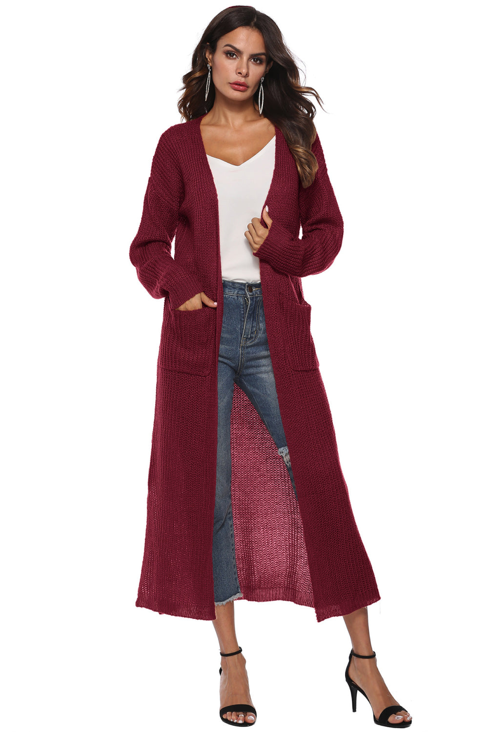 Long Sleeve Open Front Buttoned Cardigan - Dark Red / S - Women’s Clothing & Accessories - Shirts & Tops - 25 - 2024