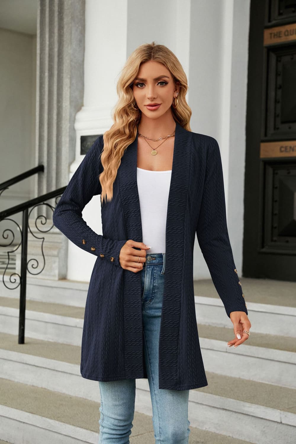 Long Sleeve Open Front Cardigan - Dark Blue / S - Women’s Clothing & Accessories - Shirts & Tops - 25 - 2024