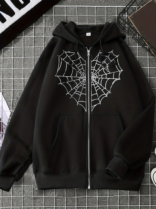 Long Sleeve Spider Net Graphic Hooded Jacket - Black / S - Women’s Clothing & Accessories - Coats & Jackets - 1 - 2024