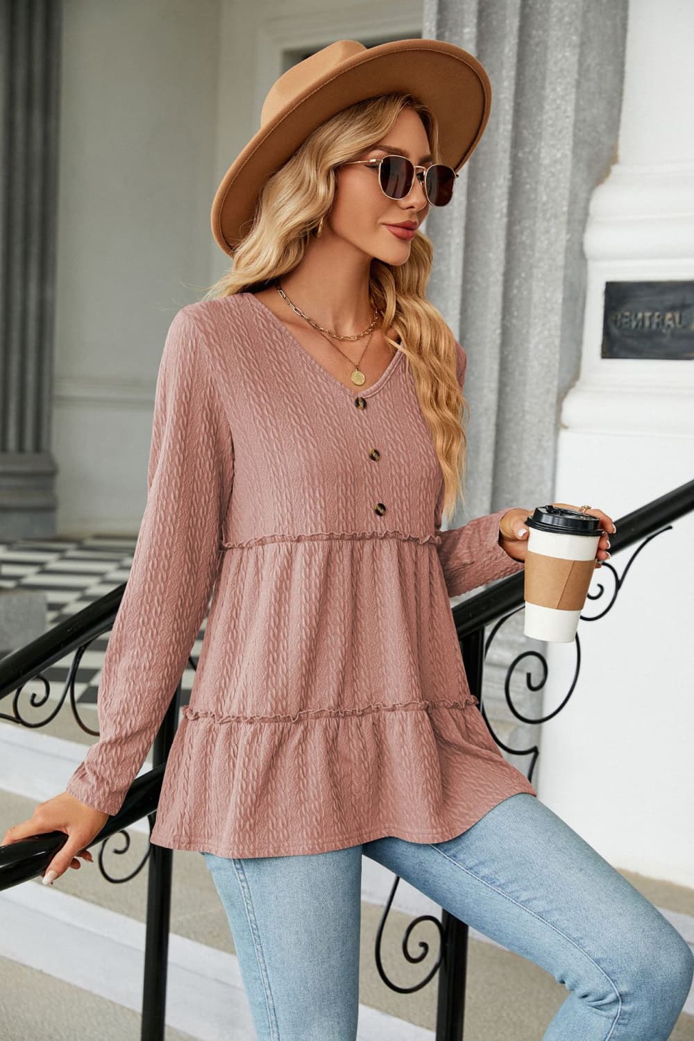 Long Sleeve V-Neck Cable-Knit Blouse - Women’s Clothing & Accessories - Shirts & Tops - 11 - 2024