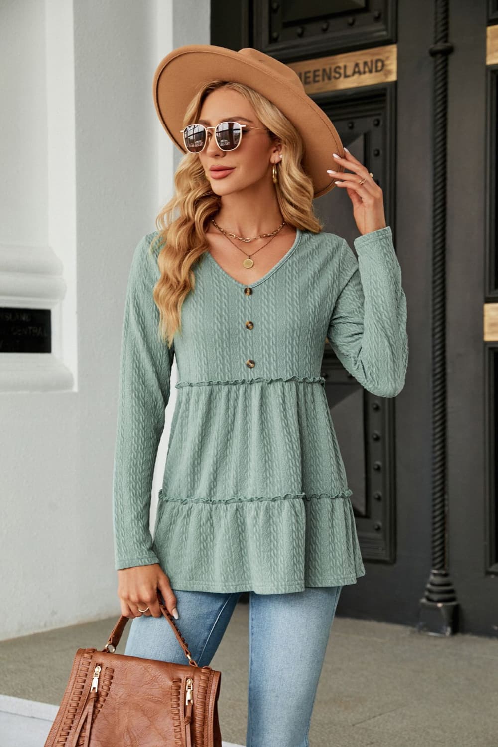 Long Sleeve V-Neck Cable-Knit Blouse - Women’s Clothing & Accessories - Shirts & Tops - 33 - 2024