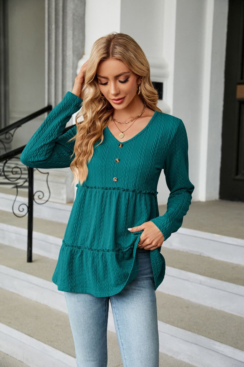 Long Sleeve V-Neck Cable-Knit Blouse - Women’s Clothing & Accessories - Shirts & Tops - 14 - 2024