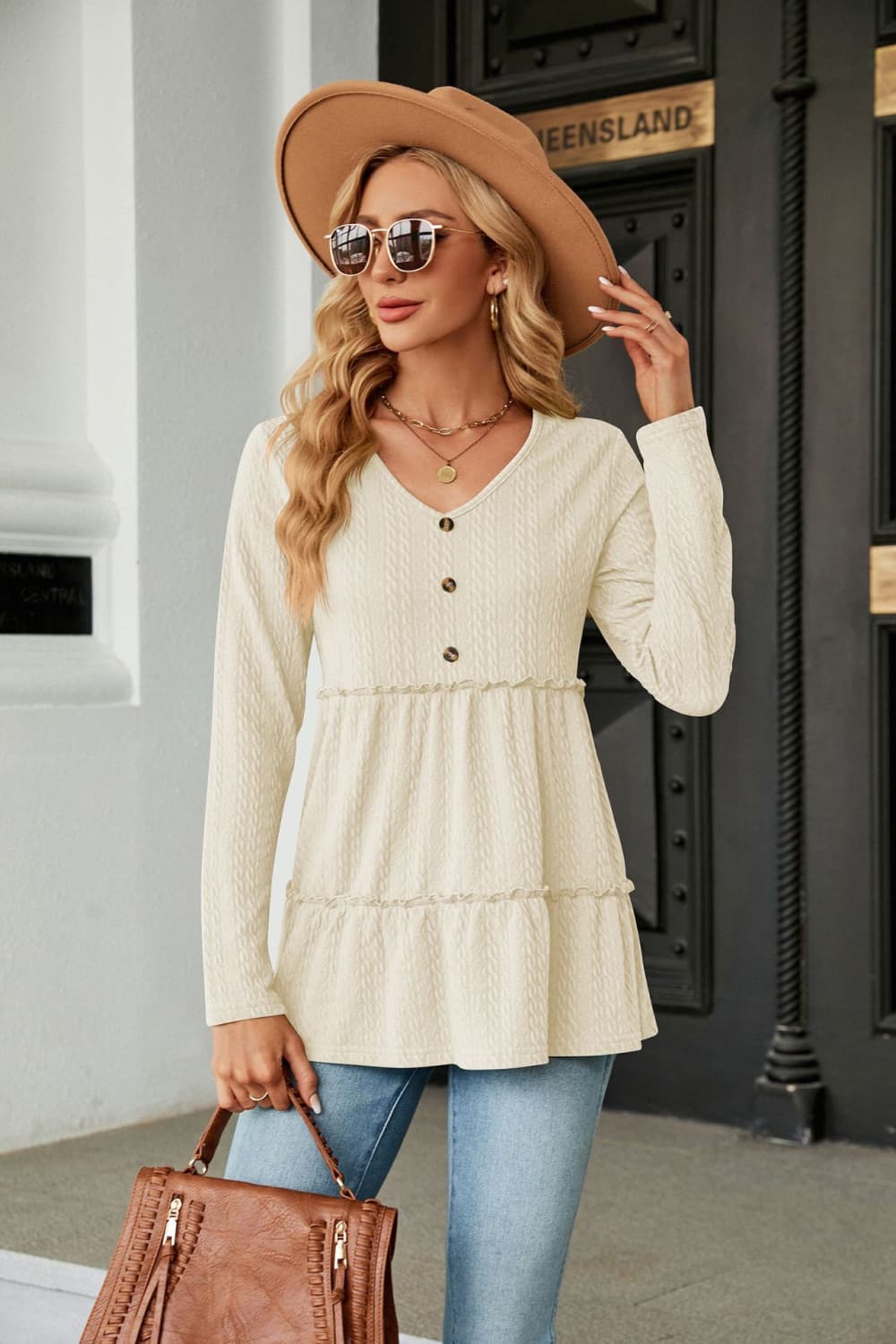 Long Sleeve V-Neck Cable-Knit Blouse - Beige / S - Women’s Clothing & Accessories - Shirts & Tops - 7 - 2024
