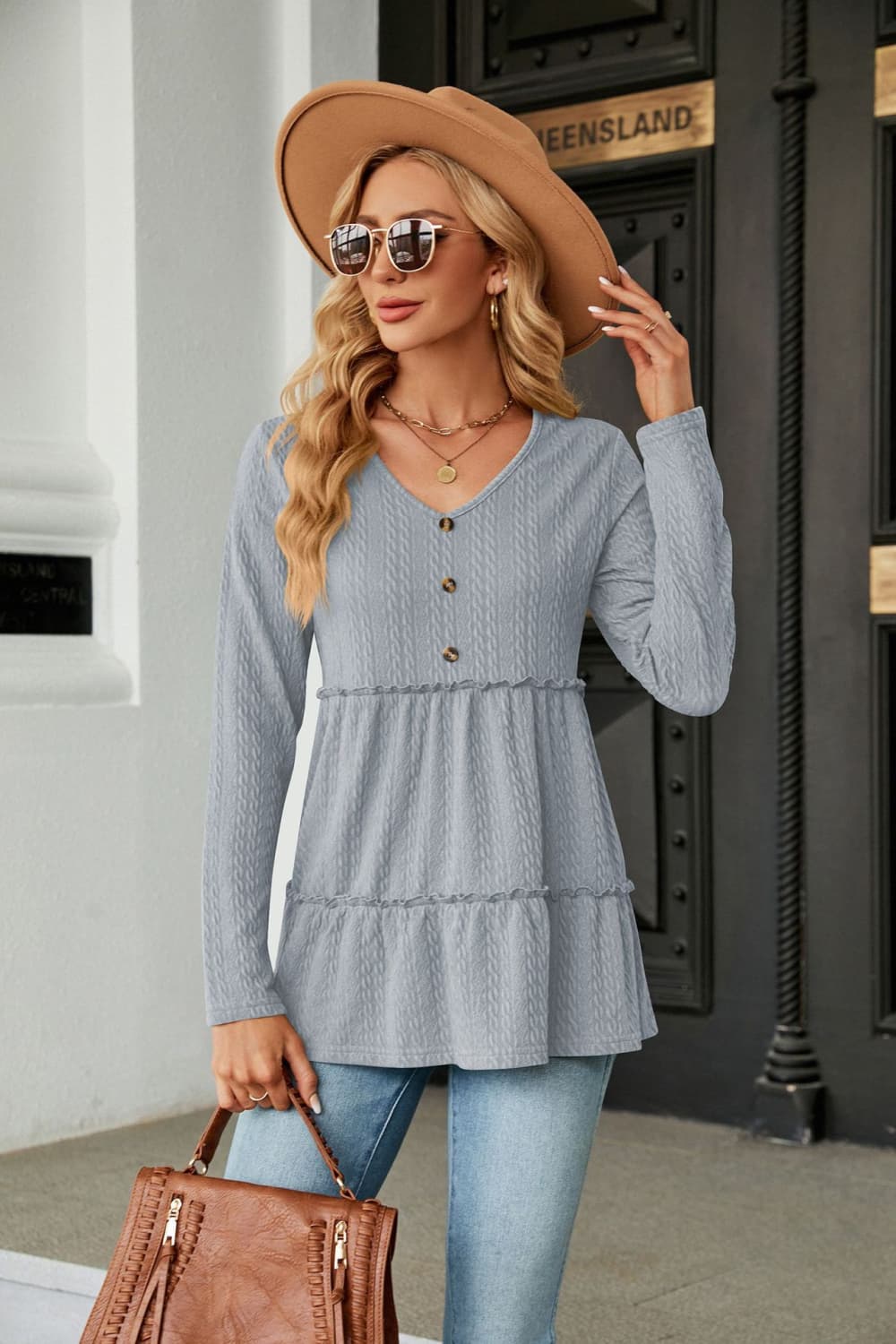 Long Sleeve V-Neck Cable-Knit Blouse - Light Gray / S - Women’s Clothing & Accessories - Shirts & Tops - 20 - 2024